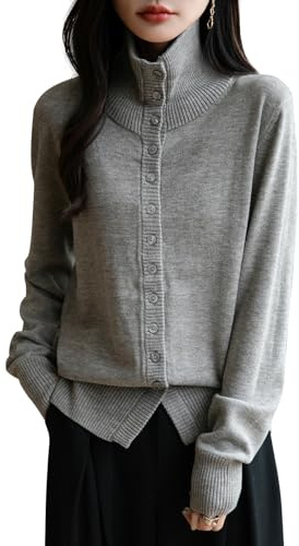 Ciovkis Femme Laine Mérinos Mélange Gilets 2025 Automne-Hiver Décontracté Col Montant Manches Longues Cardigan Tricot avec (Fog Grey5016,S)