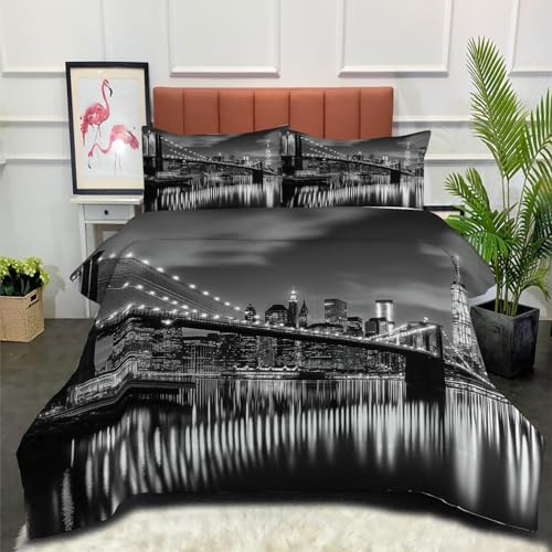 Edredón Relleno Nórdico 4 Estaciones Cama 180 230x260cm - Edredón Puente De Brooklyn Nórdico de Fibra Horizonte Ciudad De Nueva York Suave Transpirable para Invierno, Primavera y Otoño, Gris Oscuro