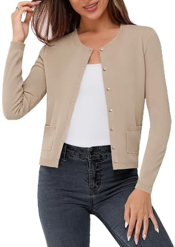 Aottori Cardigan Donna Maniche Lunghe Girocollo Bottoni Giacca Corto Elegante in Maglia Maglione Jersey Leggero con Tasche Maglieria Aperto Davanti Casual Inverno Cachi L