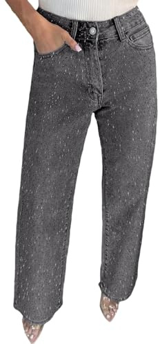 NRTHYE Jeans da Donna a Vita Alta con Strass Larghi Dritti a Gamba Larga Lucida Diamante Casual Pantaloni in Denim, Grigio Chiaro, XL