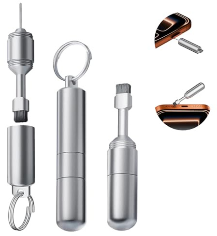 TENOC 2 in 1 SIM Card Tray Removal Tool with Cleaning Brush, Aluminum EDC Portable Keychain, Universal Reset Needle Opener Pin & Earphone Port Cleaner Kit, Silver