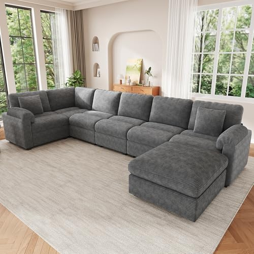 Sapgaks Canapé d'angle modulable en L/U,Canapé 7 Places en Velours côtelé avec Coussins,Pouf séparé,canapé Multifonctionnel et spacieux,Gris