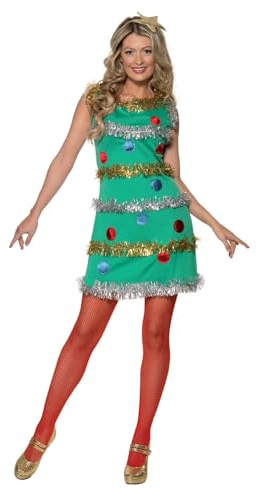 Smiffys Christmas Tree Costume for Women, Green Festive Fancy Dress Outfit with Tinsel Dress & Star Headb& – Fun Holiday Party Costume for Adults Large