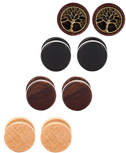 Tanyoyo Wood Cheater Fake Ear Plugs Gauges Illusion Screw Stud Earrings 3pair a set (10mm:3 pair +1 pair tree of Life)