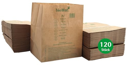 bioMat Sac en Papier Biodégradable, 7 litres, 120 Sachets en Papier Kraft pour Déchets Organiques, Résistants à L’humidité, Double Fond, Fabriqués en Allemagne