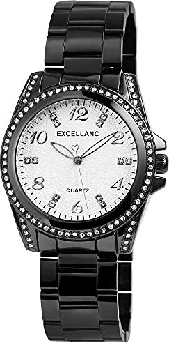 Excellanc Damen-Uhr Metall Gliederarmband Leuchtzeiger Strass Analog 1800152 (schwarz silberfarbig)
