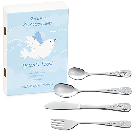 Maverton Set di 4 posate per bambini con incisione + scatola in legno con stampa personalizzata - motivo animali - idee regalo per il battesimo bimbo - battesimo