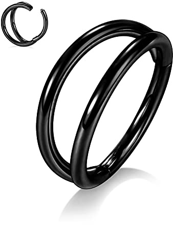 hengkaixuan 316L Surgical Steel Nose Ring Double Nose Hoop Conch Lip Lobe Hoop Earring Helix Cartilage Tragus Rook Daith Jewellery Hinged Segment Ring Septum Piercing Black 16G 12mm