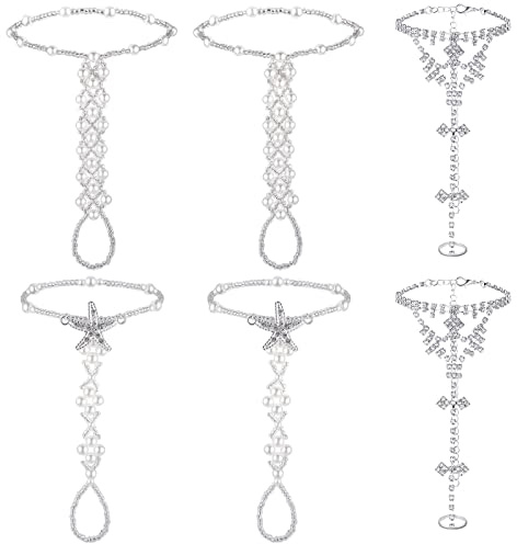 6 Pieces Rhinestone barefoot sandals for Women Wedding Beach Anklet Chain with Starfish barefoot sandals foot jewelry Silver Foot Chain with Rhinestone Toe Ring Pearl for Women Party Accessories