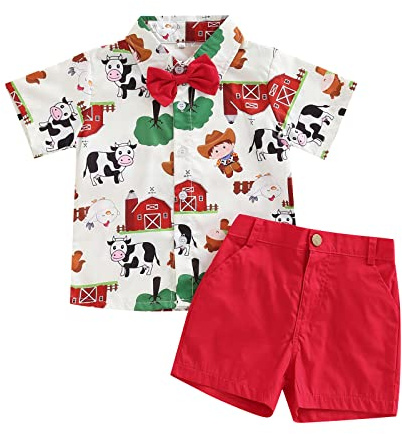 VISGOGO - Conjunto de camisas con estampado de animales de dibujos animados de granja y circo, con pantalones cortos de pajarita, rojo, (Red Farm), 1-2 Años