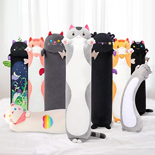 Mewaii 130CM Kuscheltier Kawaii Katzen Plüsch Kissen Grau Stofftiere Lang Kätzchen Plüschtier Ausgestopftes Tier Spielzeug Kuschelkissen Geschenk Plüschkissen