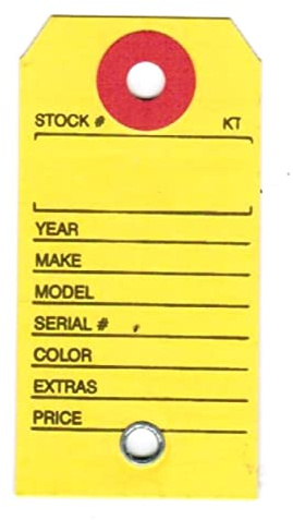 Paper Key Tag for Car with Hang Ring, 1-3/8 x 2-3/4, Printed in Black on Yellow Stock, Fiber Reinforced Key Ring Hole - Box of 1,000