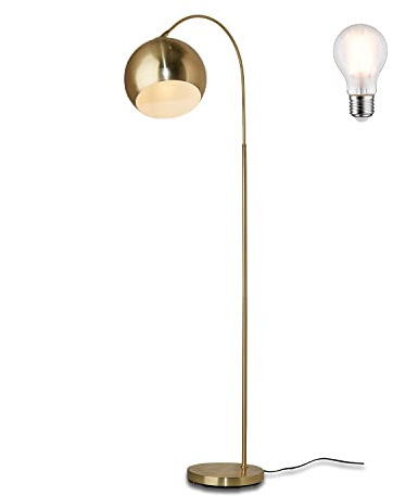 KHG Bogenleuchte in Gold-Optik Finish aus Metall mit schwenkbarem Lampenschirm, E27 Fassung inklusive Leuchtmittel, Bogenlampe mit praktischem Fußschalter und stabilem Standfuß