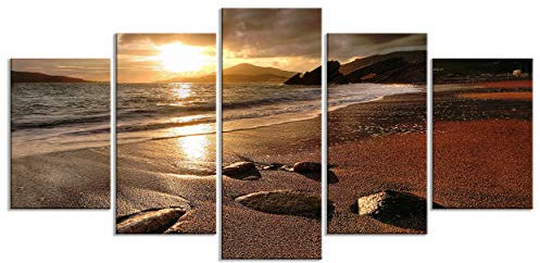 decomonkey - Tableau Acoustique Plage Mer 200x100 5 Pièces - Impression sur Toile Décoration Maison Isolation Phonique Déco Bureau Montagnes pierre mer ciel sable plage rochers coucher de soleil