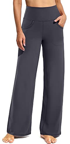 Promover Activewear-Hosen für Damen mit Taschen Jogginghose Hohe Taille Yogahose Weites Bein Straighthose Bauchkontrolle Schlaghose Arbeit Sporthose(Deep Grau,L,Lang)