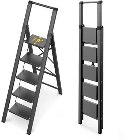 WOA WOA 5 Step Ladder for 10 Feet High Ceiling, Lightweight Foldable Ladder with Non-Slip Wide Pedals, Step Stool with Safe Handrail, Space Saving for Home, Kitchen, Indoor & Outdoor 300lbs - Black
