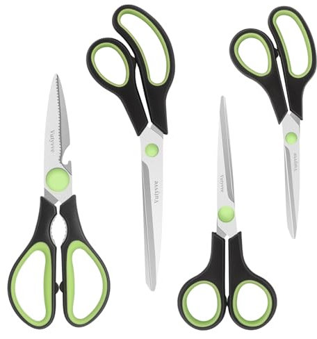 Vutyvve Forbici da cucina, lame in acciaio inox, manico morbido, set di forbici da cucina multifunzionali, nero/verde, set da 4 pezzi