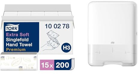 Tork extra weiche Zickzack Papierhandtücher Premium 100278 & Spender für Zickzack-Handtücher Weiß H3, Elevation Design, 553000