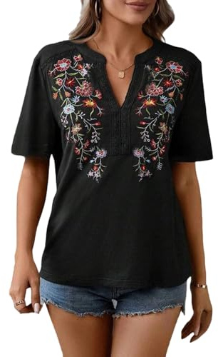MINTLIMIT Women's Tunic Tops Short Sleeve V Neck Mexican Shirts Peasant Blouse Boho Embroidered Casual Tops 2025