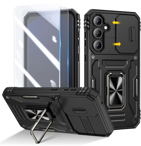 Doeshine for Samsung Galaxy S24 FE Case, 2 Pack Screen Protector, with 360°Rotate Ring Kickstand & Slide Camera Cover, Shockproof Military Drop Protection Case for Samsung Galaxy S24 FE (Black)