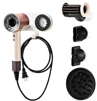 Foyer Nuage Soporte magnético para secador de Pelo, Soporte de Pared para magnético secadores de Pelo, Soporte de aleación de Aluminio con Gancho Organizador de Cable de Enchufe (Blanco)