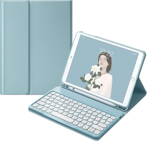 NUWONAYA Keyboard Case for Galaxy Tab S10 Plus/S9 FE+/S9 Plus/S7FE/S8+/S7+ with S Pen Holder, Slim Round Key Cute Candy Color Stand Cover with Magnetic Detachable Wireless Keyboard,Mist Blue