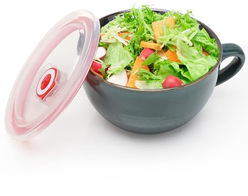 Ramen Bowl with Lid, Ceramic Salad Bowl 700 ml, Large Coffee Cup with Handle, Jumbo Cup Cereal Soups, Coffee Mug, Porcelain, Dishwasher and Microwave Safe, Dark Green