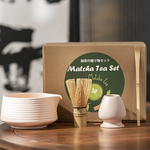 Matcha vispset, japansk match tesats med visp och skål, bambuskopa och keramisk hållare, hemlagad traditionell matcha-kit för teälskare, meditation och gåvor, rosa