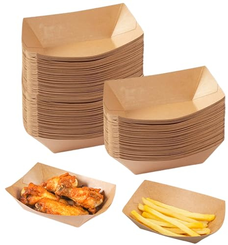 Dulynva 100 Pièces Vaisselle Jetable Forme de Bateau Barquette Frite Kraft Barquette Carton Dégradable Boite Carton Alimentaire pour Frites,Collations,Macarons,Currywurst,Salade, 13 x 9,2 x 3,6CM