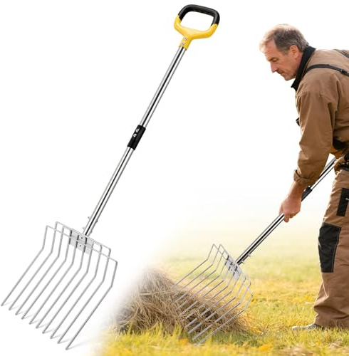 AugFir Pitchfork for Gardening, 50 Multifunctional Stainless Steel Garden Pitchfork with Handle, Suitable for Shoveling, Fertilizing, Transplanting, Mulching Garden Fork - 10 Tines