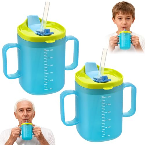 KUWUNG 2 Pcs Sippy Cup for Adults and Kids, 300ml Adult Sippy Cups for The Elderly Non Spill, Beakers for Elderly with 2 Handles, Drinking Cup with Lid and Straw, Non Spill Cups for Adults Kids(Blue)