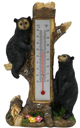 Medidor de temperatura - Termómetro para exteriores Termómetro decorativo con estatua de oso negro | Monitor meteorológico de doble escala Celsius y | de resina impermeable para
