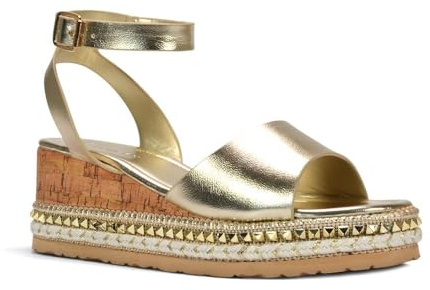 ESSEX GLAM Women's Wedge Heel Sandals Ladies Gold Platform Espadrille Ankle Strap Open Toe Summer Holiday Walking Shoes Size 5