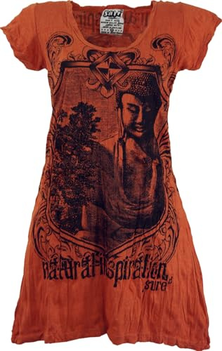 GURU SHOP, Camicia Lunga Sole, Mini Abito Bodhi Tree, Arancione Ruggine, Cotone, Dimensione Indumenti:S (36), Magliette Stampate `Sura