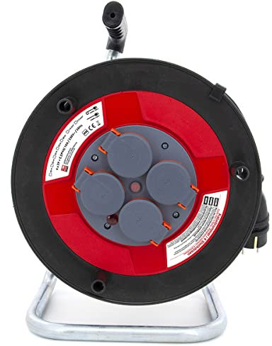 KOOP Elektro Kabeltrommel Verlängerungskabel mit 4 Steckdosen Schuko IP44, Wickel Kurbel, Thermoschutz und Netzschalter H05RR-F 3G2,5mm2 25M, für den Außenbereich.