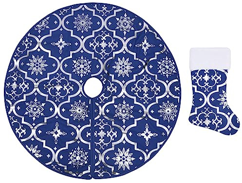 vidaXL Luxus Weihnachtsbaumdecke mit Socke Christbaumdecke Weihnachtsdeko Weihnachtsbaum Rock Decke Bodenmatte Tannenbaumdecke Blau 122cm Stoff
