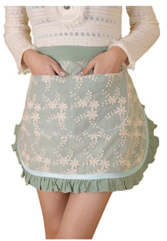 Caatoor Unisex Chef Aprons White Retro Cotton Maid Short 2 Pockets Waist Waiter Waitress Half Apron (Green-embroidered, One Size)