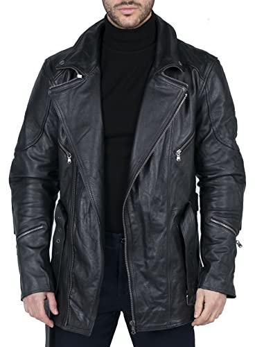 Veste en Cuir Noir pour Homme Moto avec Fermeture éclair Diagonale avec Protections CE - Noir L