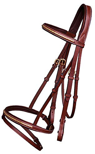 Exion English Jumping Bridle with Flash – Anatomical Padded Headpiece & Brass Clincher Studded Browband & Noseband – Premium Leather Horse Bridle with Contrast Stitching & Rubber Reins – Pony to Full
