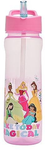 Disney Princess Rainbow Water Bottle with Straw – Reusable Kids 600ml PP – Pink – Official Merchandise by Polar Gear – BPA Free and Recyclable Plastic – For School Nursery Sports Picnic