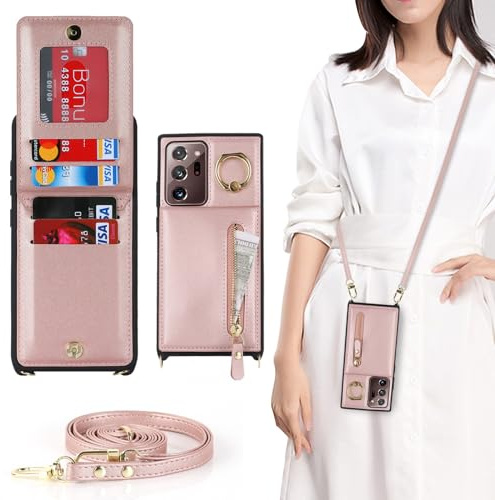 Zouzt for Samsung Galaxy Note 20 Ultra Case with Cord and Card Holde, Zipper Wallet Case with Crossbody Lanyard Ring Adjustable Necklace Cover Women for Samsung Galaxy Note 20 Ultra - Rose Gold