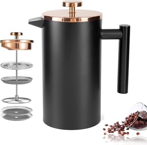 Miuly French Press Kaffeebereiter, 600 ml, Edelstahl-Kaffeepresse mit 3-stufigem Filtersystem, doppelwandige isolierte französische Presse mit 4 Filtern und 1 Metalllöffel, Schwarz