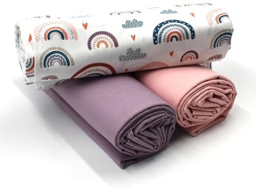 VmG-Store 1,5m Baumwollstoff Set Designstoff + 2x Uni farblich abgestimmt 100% Baumwolle Material Auswahl (Regenbogen Pastell Weiß Set02)