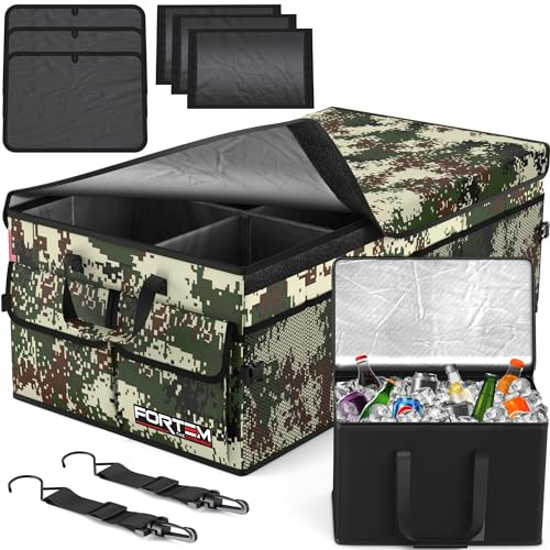 FORTEM Car Boot Organiser - Foldable Car Organiser with Cooler Bag for SUVs | Car Accessories for Men Women, Collapsible Bag, Non Slip Bottom, Straps, Soft Cover, 600D Oxford, 6 Compartments, 105L
