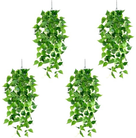 Juxtaposia 4 Stück Künstliche Hängepflanzen,105cm Kunstpflanze Gefälscht Efeupflanze Blätter Buschige Grüne,Hängepflanze Künstlich für Lnnen Wanddekoration Regaldekoration Außenbereich Garten Hochzeit