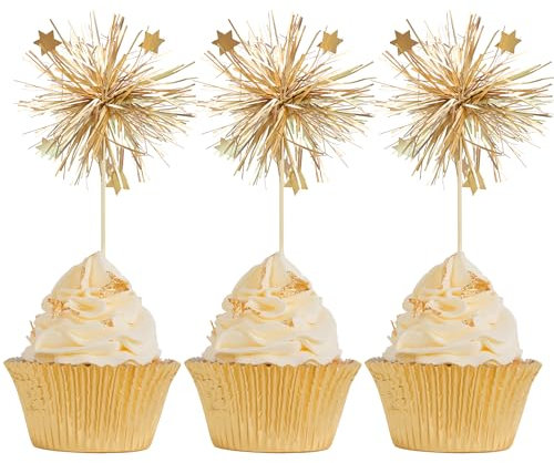 Gyufise 20Pcs Foil Firework Cupcake Toppers Happy Birthday Cake Toppers Sparkle Tinsel Flower Drink Stirrers Cocktail Food Fruit Toothpicks for Valentine's Day Party Supplies Gold
