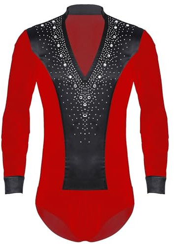 TiaoBug Herren Latein Body Langarm Hemdbody Ballettanzug V-Ausschnitt Stringbody Ballett Trikot Strasssteine Gymnastik Turn Leotard Tanzbekleidung Rot L