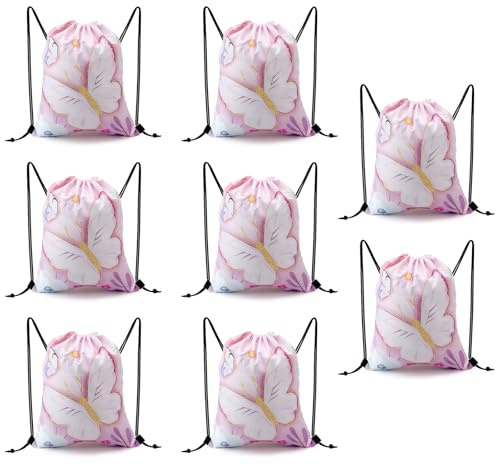 Bolsa de 8 piezas con cordón de mariposa, bolsas de deporte para niños, mochila deportiva ajustable con cordón para niños, bolsas de regalo de mariposa para cumpleaños accesorios de fiesta de natación