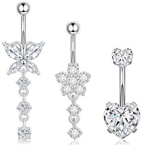 3 st navelstänger, silvernavel navel piercing magring piercing smycken Dangly navel bars för kvinnor män