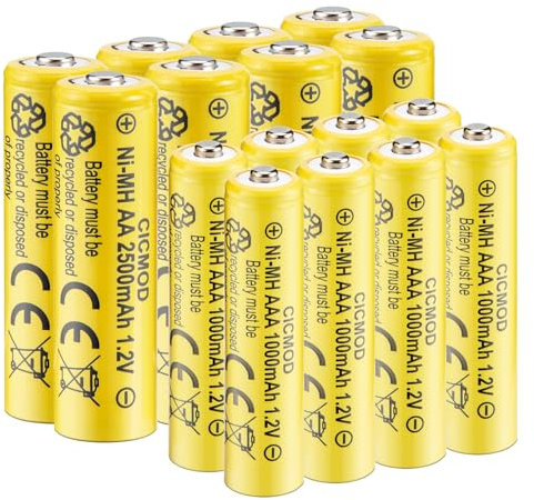CICMOD Pilas Recargable AA y AAA 16 Piezas, 1,2V Pila Recargables NiMH Alta Capacidad, 8 X AA 2500mAh y 8 X AAA 1000mAh para Equipos Domésticos Luces solares de jardín Exteriores